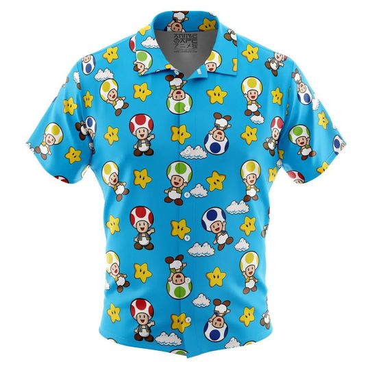 Toad Pattern Super Mario Bros Button Up Hawaiian Shirt Cute Tropical Button Up Summer Vacation Beach Outfit Fun Unisex Style Shirt