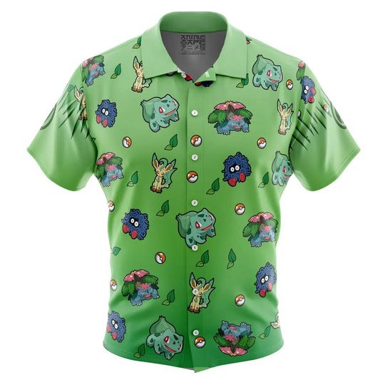 Bulbasaur Pattern PKM Button Up Hawaiian Shirt Cute Bulbasaur Tropical Button Up Summer Vacation Beach Outfit Fun Unisex Style Shirt
