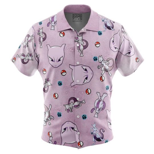 Mewtwo Pattern PKM Button Up Hawaiian Shirt Cute Mewtwo Tropical Button Up Summer Vacation Beach Outfit Fun Unisex Style Shirt