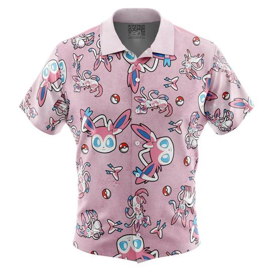 Discover Sylveon Pattern PKM Button Up Hawaiian Shirt Cute Sylveon Tropical Button Up Summer Vacation Beach Outfit Fun Unisex Style Shirt