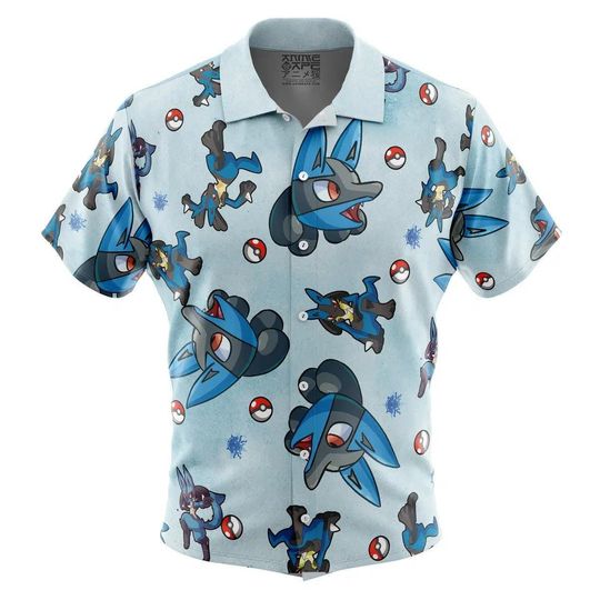 Lucario Pattern PKM Button Up Hawaiian Shirt Cute Lucario Tropical Button Up Summer Vacation Beach Outfit Fun Unisex Style Shirt