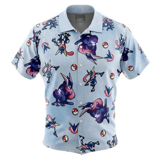 Discover Greninja Pattern PKM Button Up Hawaiian Shirt Cute Greninja Tropical Button Up Summer Vacation Beach Outfit Fun Unisex Style Shirt