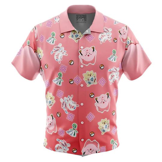 Sylveon Pattern PKM Button Up Hawaiian Shirt Cute Togepi Tropical Button Up Summer Vacation Beach Outfit Fun Unisex Style Shirt