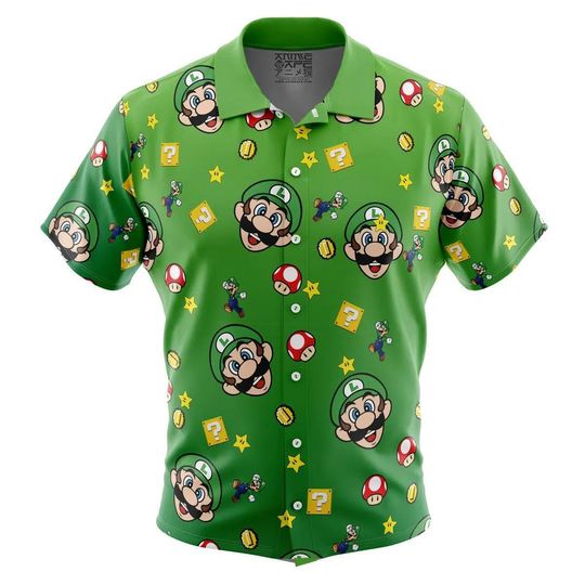 Luigi Pattern Super Mario Bros Button Up Hawaiian Shirt Cute Tropical Button Up Summer Vacation Beach Outfit Fun Unisex Style Shirt