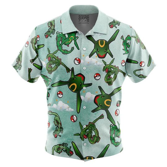 Rayquaza Pattern PKM Button Up Hawaiian Shirt Cute Tropical Button Up Summer Vacation Beach Outfit Fun Rayquaza Unisex Style Shirt