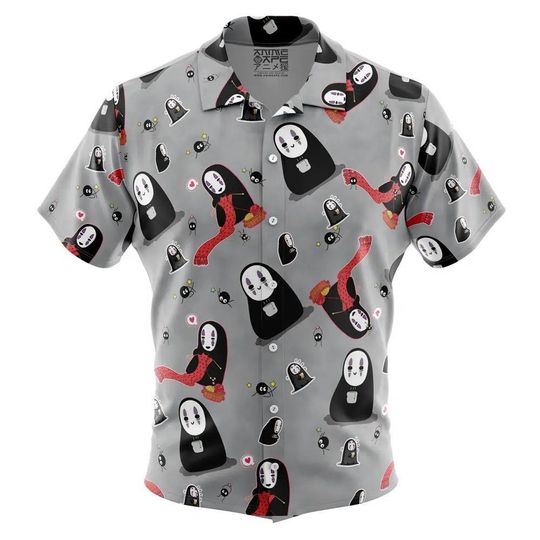 No Name Spirited Away Studio Ghibli Pattern Button Up Hawaiian Shirt,Aloha Shirt,Cute Tropical Summer Vacation Beach Outfit Fun Style Shirt