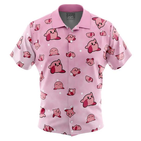 Kirby Pattern PKM Button Up Hawaiian Shirt Cute Kirby Tropical Button Up Summer Vacation Beach Outfit Fun Kirby Unisex Style Shirt