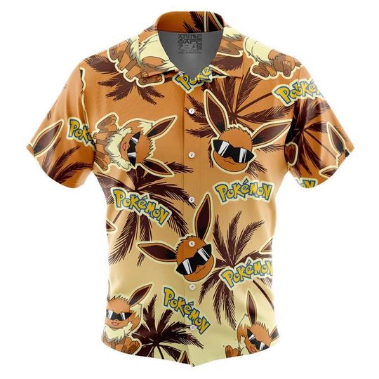 Eevee Pattern PKM Button Up Hawaiian Shirt, Cute Eevee Tropical Button Up Summer Vacation Beach Outfit Fun Eevee Shirt