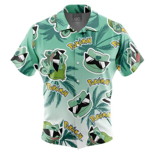Bulbasaur Pattern PKM Button Up Hawaiian Shirt, Cute Bulbasaur Tropical Button Up Summer Vacation Beach Outfit Fun Shirt