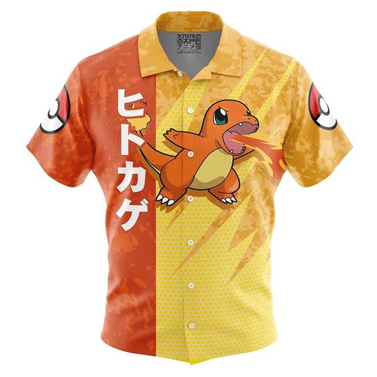 Charmander Pattern PKM Button Up Hawaiian Shirt, Cute Charmander Tropical Button Up Summer Vacation Beach Outfit Fun Shirt