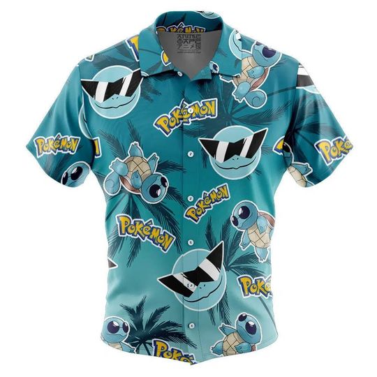 Squirtle Pattern PKM Button Up Hawaiian Shirt, Cute Squirtle Tropical Button Up Summer Vacation Beach Outfit Fun Shirt