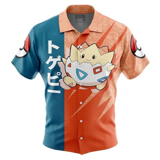 Togepi Pattern PKM Button Up Hawaiian Shirt, Cute Togepi Tropical Button Up Summer Beach Outfit Fun Togepi Shirt