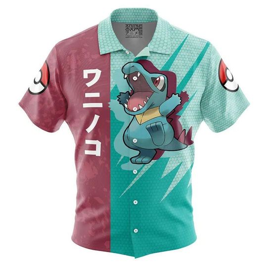 Discover Totodile Pattern PKM Button Up Hawaiian Shirt Cute Totodile Tropical Button Up Summer Beach Outfit Fun Totodile Unisex Style Shirt