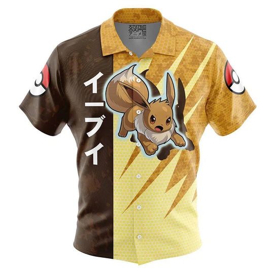 Discover Eevee Pattern PKM Button Up Hawaiian Shirt Cute Eevee Tropical Button Up Summer Beach Outfit Fun Eevee Unisex Style Shirt