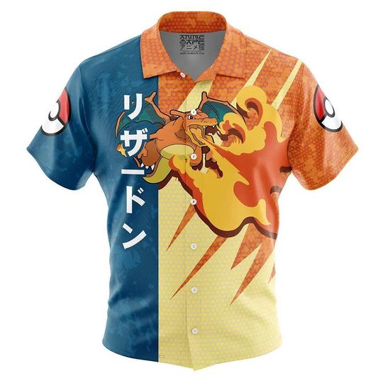 Charizard Pattern PKM Button Up Hawaiian Shirt, Cute Charizard Tropical Button Up Summer Beach Outfit Fun Charizard Shirt