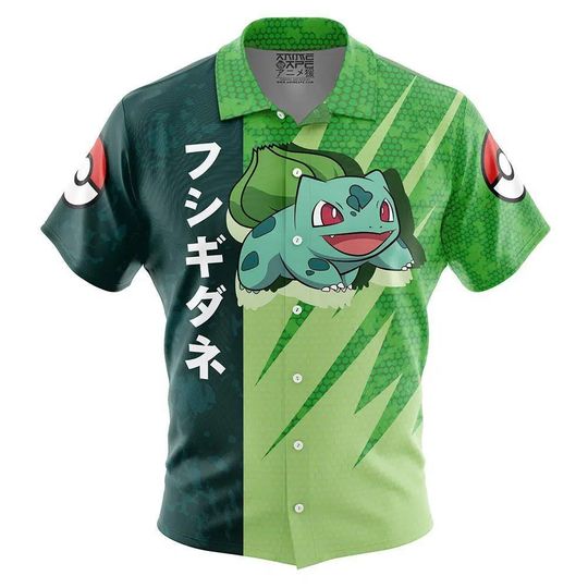 Bulbasaur Pattern PKM Button Up Hawaiian Shirt, Cute Bulbasaur Tropical Button Up Summer Beach Outfit Fun Bulbasaur Shirt