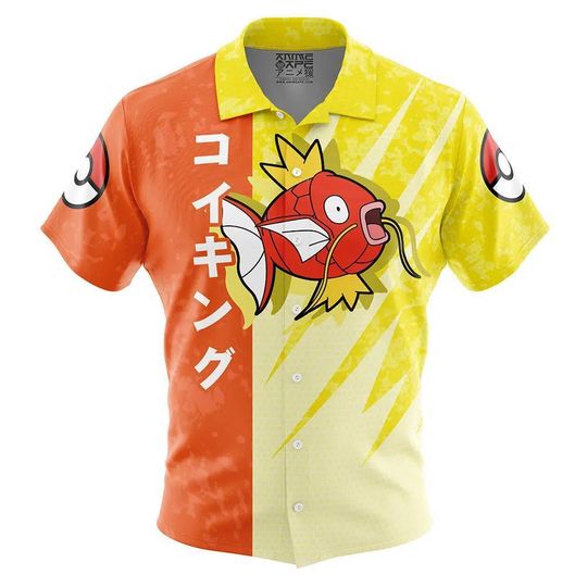Magikarp Pattern PKM Button Up Hawaiian Shirt, Cute Magikarp Tropical Button Up Summer Beach Outfit Fun Magikarp Shirt