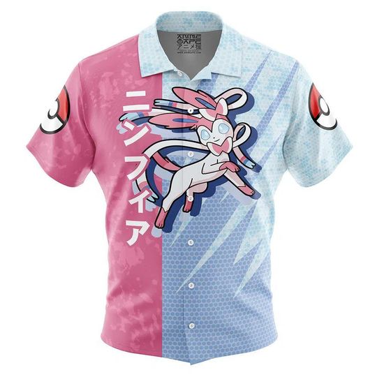 Discover Sylveon Pattern PKM Button Up Hawaiian Shirt Cute Sylveon Tropical Button Up Summer Beach Outfit Fun Sylveon Unisex Style Shirt
