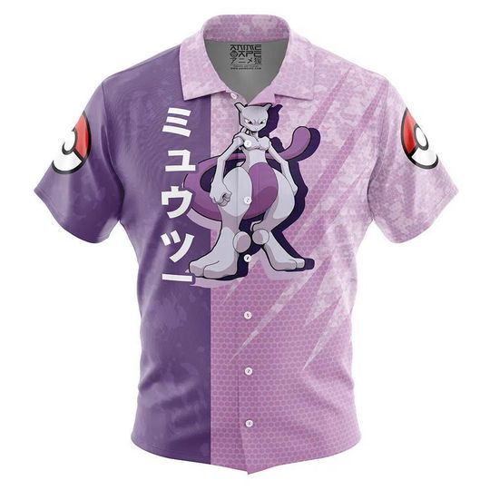 Mewtwo Pattern PKM Button Up Hawaiian Shirt, Cute Mewtwo Tropical Button Up Summer Beach Outfit Fun Mewtwo Shirt
