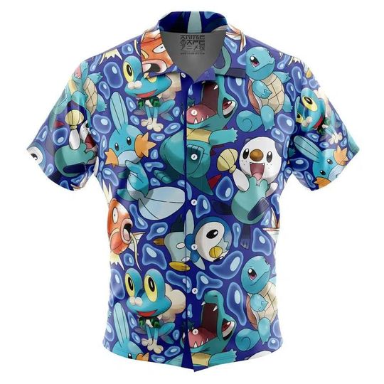 Water Type Starters PKM Button Up Hawaiian Shirt, Cute PKM Tropical Button Up Summer Beach Outfit Fun PKM Shirt