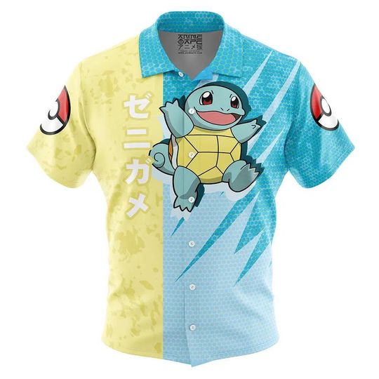 Squirtle Pattern PKM Button Up Hawaiian Shirt, Cute Squirtle Tropical Button Up Summer Beach Outfit Fun Squirtle Shirt