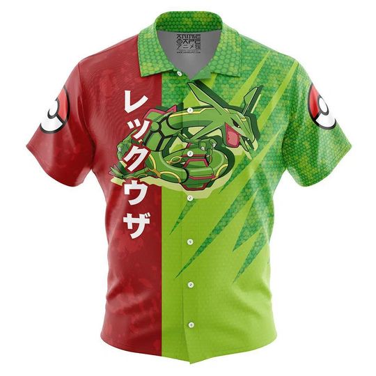 Rayquaza Pattern PKM Button Up Hawaiian Shirt, Cute Rayquaza Tropical Button Up Summer Beach Outfit Fun Rayquaza Shirt