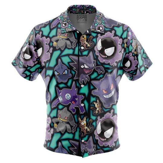 Discover Ghost Type PKM Pattern Button Up Hawaiian Shirt Cute PKM Tropical Button Up Summer Beach Outfit Fun Unisex Style Shirt