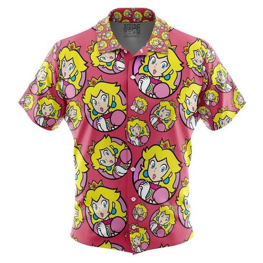 Princess Peach Super Mario Bros Button Up Hawaiian Shirt, Cute Tropical Summer Vacation Beach Outfit Fun Princess Peach Shirt