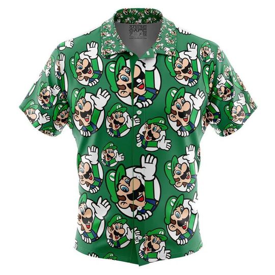Luigi Super Mario Bros Button Up Hawaiian Shirt, Cute Tropical Button Up Summer Vacation Beach Outfit Fun Luigi Super Shirt