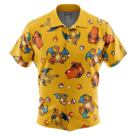 Charizard Pattern PKM Button Up Hawaiian Shirt, Cute Charizard Tropical Button Up Summer Beach Outfit Fun Charizard Shirt