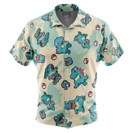 Totodile Pattern PKM Button Up Hawaiian Shirt, Cute Totodile Tropical Button Up Summer Beach Outfit Fun Totodile Shirt