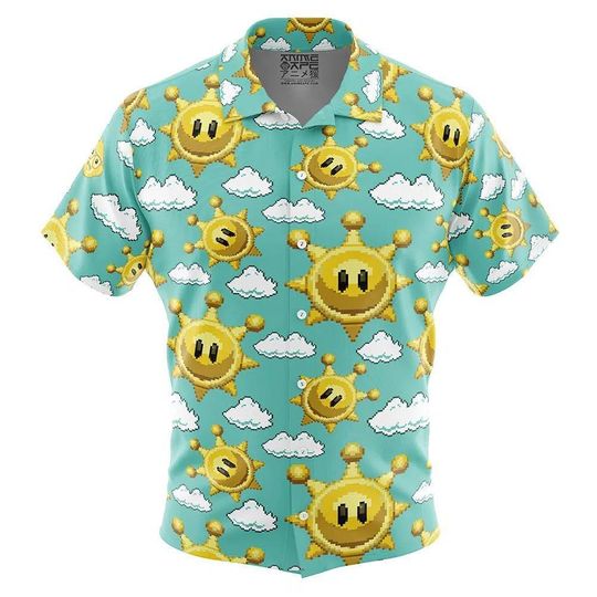 Pixel Shine Sprite Super Mario Bros Button Up Hawaiian Shirt, Cute Tropical Button Up Summer Vacation Beach Outfit Fun Shirt