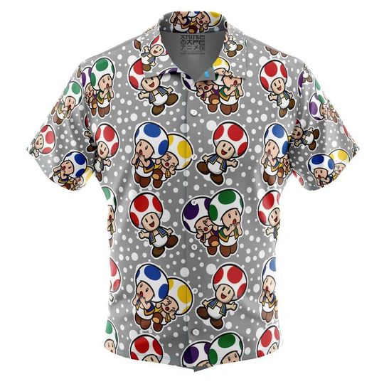 Toad Pattern Super Mario Bros Button Up Hawaiian Shirt, Cute Tropical Button Up Summer Vacation Beach Outfit Fun Shirt