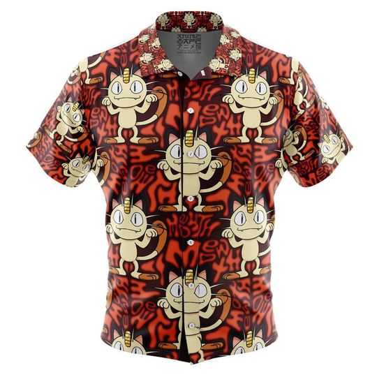 Meowth PKM Pattern Button Up Hawaiian Shirt, Cute Meowth PKM Tropical Button Up Summer Beach Outfit Fun PKM Shirt