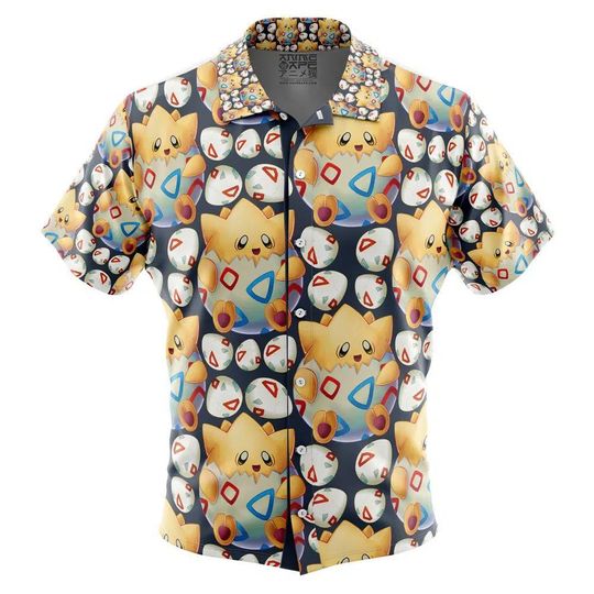 Togepi PKM Pattern Button Up Hawaiian Shirt, Cute Togepi PKM Tropical Button Up Summer Beach Outfit Fun PKM Shirt