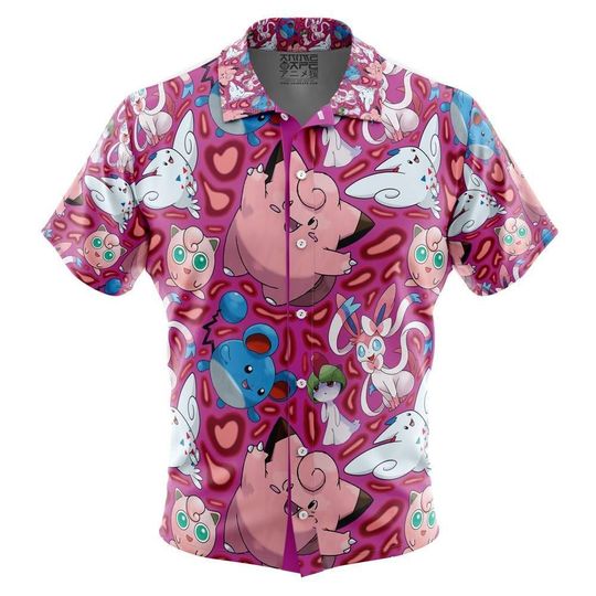 Discover Fairy Type PKM Pattern Button Up Hawaiian Shirt Cute PKM Tropical Button Up Summer Beach Outfit Fun PKM Unisex Style Shirt