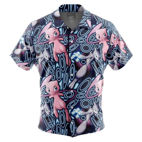 Mew Mewtwo PKM Pattern Button Up Hawaiian Shirt, Cute PKM Tropical Button Up Summer Beach Outfit Fun PKM Shirt