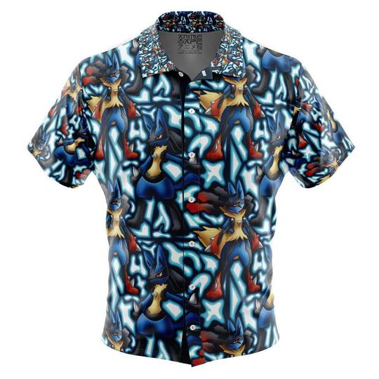 Lucario Mega Lucario PKM Pattern Button Up Hawaiian Shirt, Cute PKM Tropical Button Up Summer Beach Outfit Fun Shirt