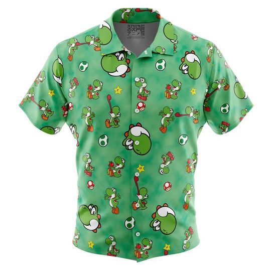 Yoshi Pattern Super Mario Bros Button Up Hawaiian Shirt, Cute Tropical Button Up Summer Vacation Beach Outfit Fun Shirt