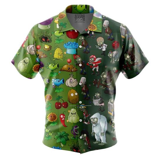Discover Plants Zombies Pattern Button Up Hawaiian Shirt Plants Zombies Tropical Button Up Summer Vacation Beach Outfit Fun Unisex Style Shirt