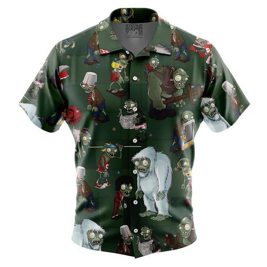 Discover Plants Zombies Pattern Button Up Hawaiian Shirt Zombie Side Tropical Button Up Summer Vacation Beach Outfit Fun Unisex Style Shirt