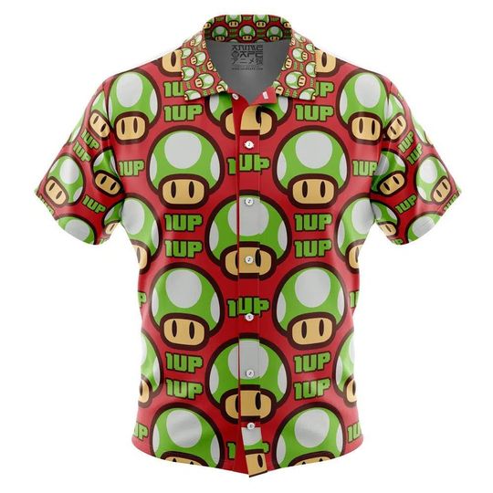 Discover 1Up Mushroom Super Mario Bros Button Up Hawaiian Shirt Cute Tropical Button Up Summer Vacation Beach Outfit Fun Mushroom Unisex Style Shirt