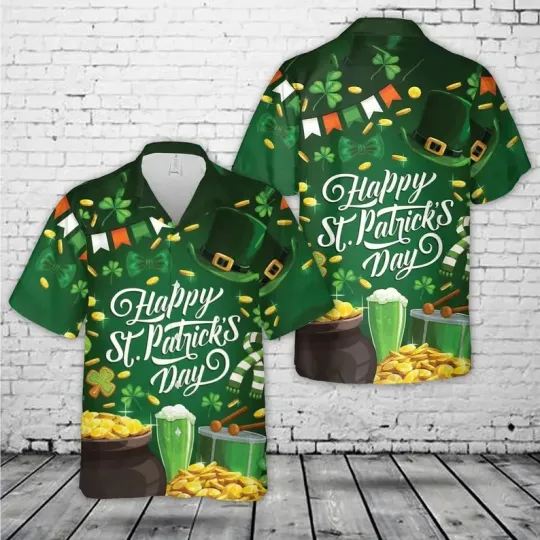 Happy St. Patrick's Day Hawaiian Shirt Lucky Pot of Gold Green Beer Clover