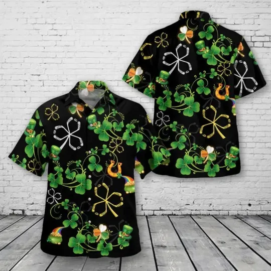 Discover Lucky Hockey Hawaiian Shirt St. Patrick's Day Hockey Stick Clover Irish Gift