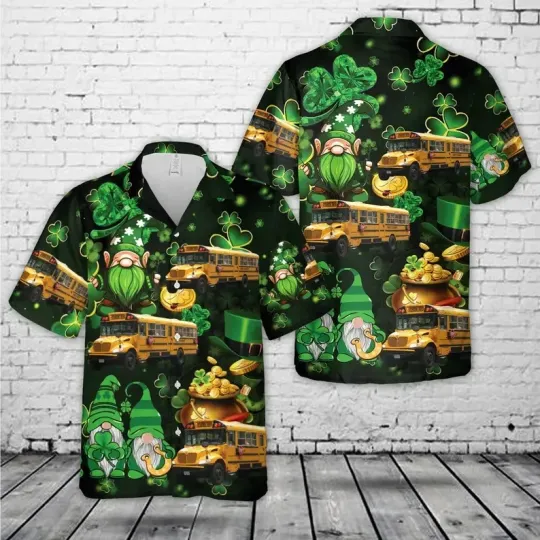 Discover Lucky School Bus Driver Hawaiian Shirt St. Patrick's Day Gnome Irish Gift