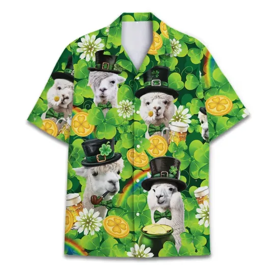 Discover Funny Llama Leprechaun Hawaiian Shirt St. Patrick's Day Alpaca Lucky Clover