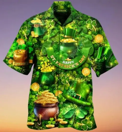 Discover Lucky Pot of Gold Hawaiian Shirt St. Patrick's Day Golden Coin Clover Green
