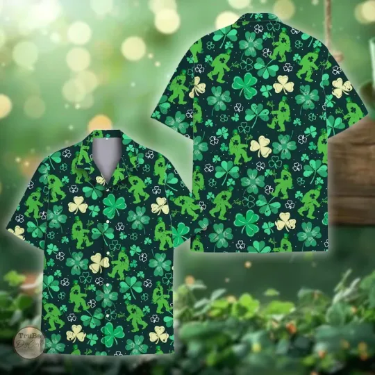 Discover All Over Print Bigfoot St. Patrick's Day Hawaiian Shirt Sasquatch Shamrock