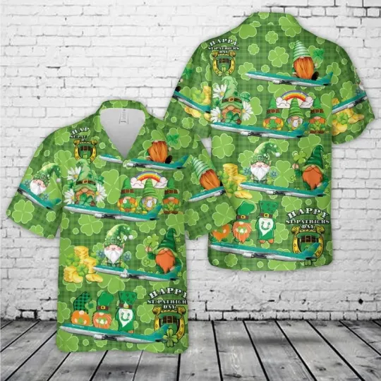 Discover Funny Pilot Gnome St. Patrick's Day Hawaiian Shirt Airplane Lover Irish Gift