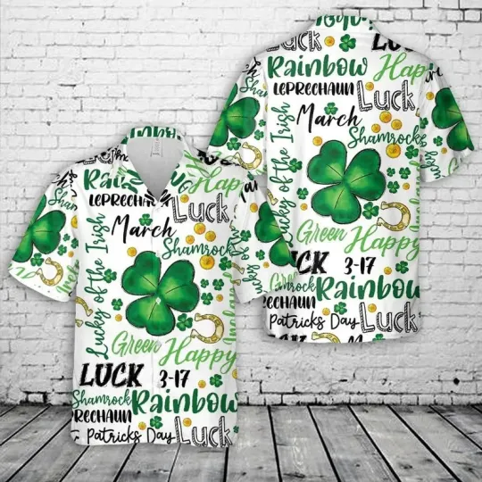 Discover Lucky Shamrock Hawaiian Shirt St. Patrick's Day Rainbow Luck Typography Green